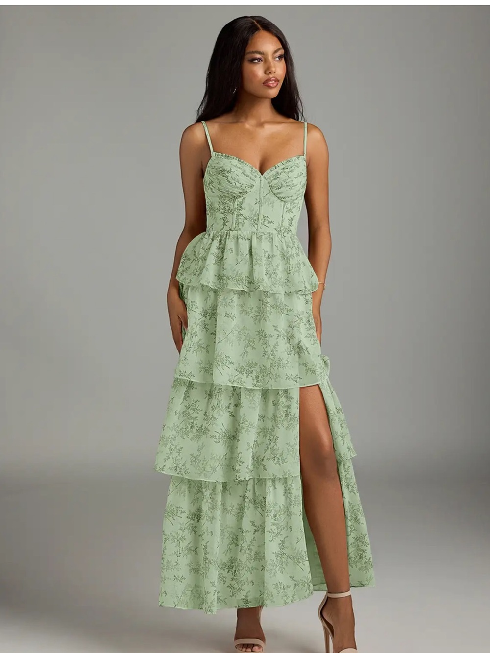 Azazie Green Ruffle Floral Tiered Maxi Dress